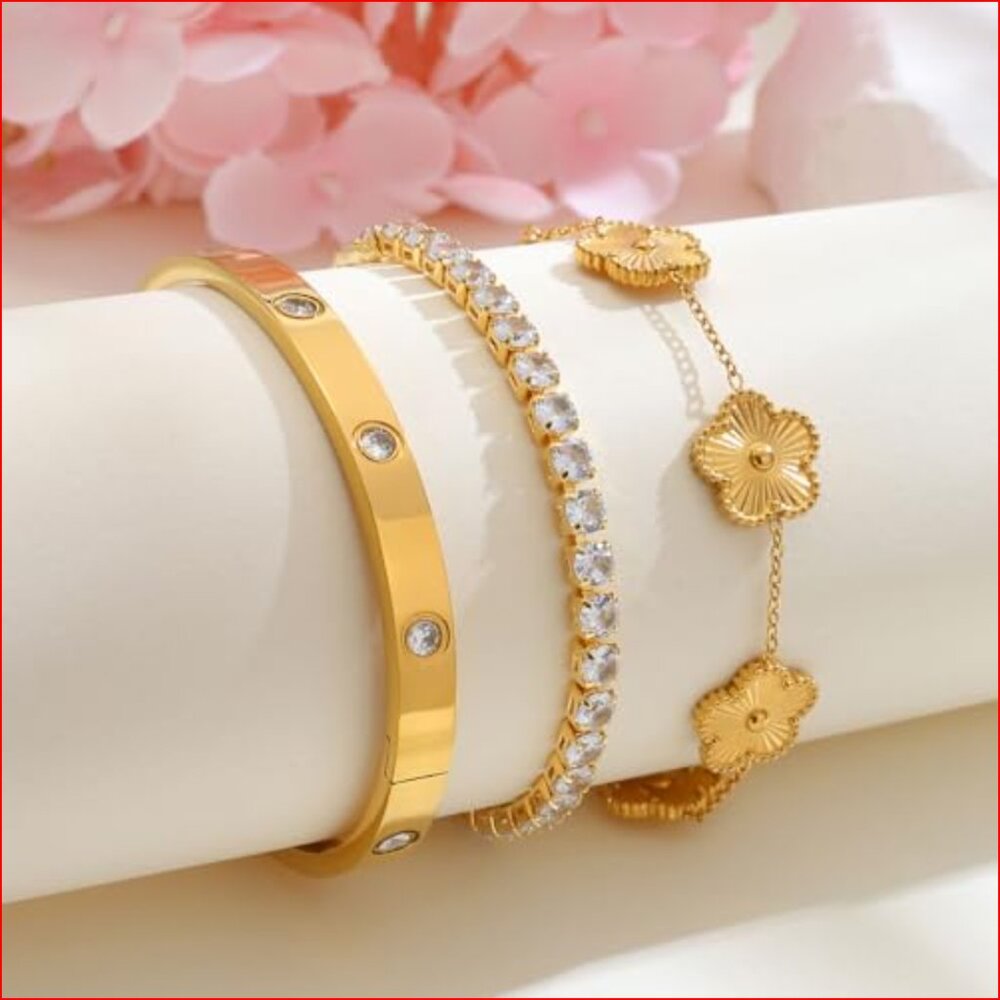 Stackable Floral Gold Plated Bracelets Set - 3pcs… - image 4